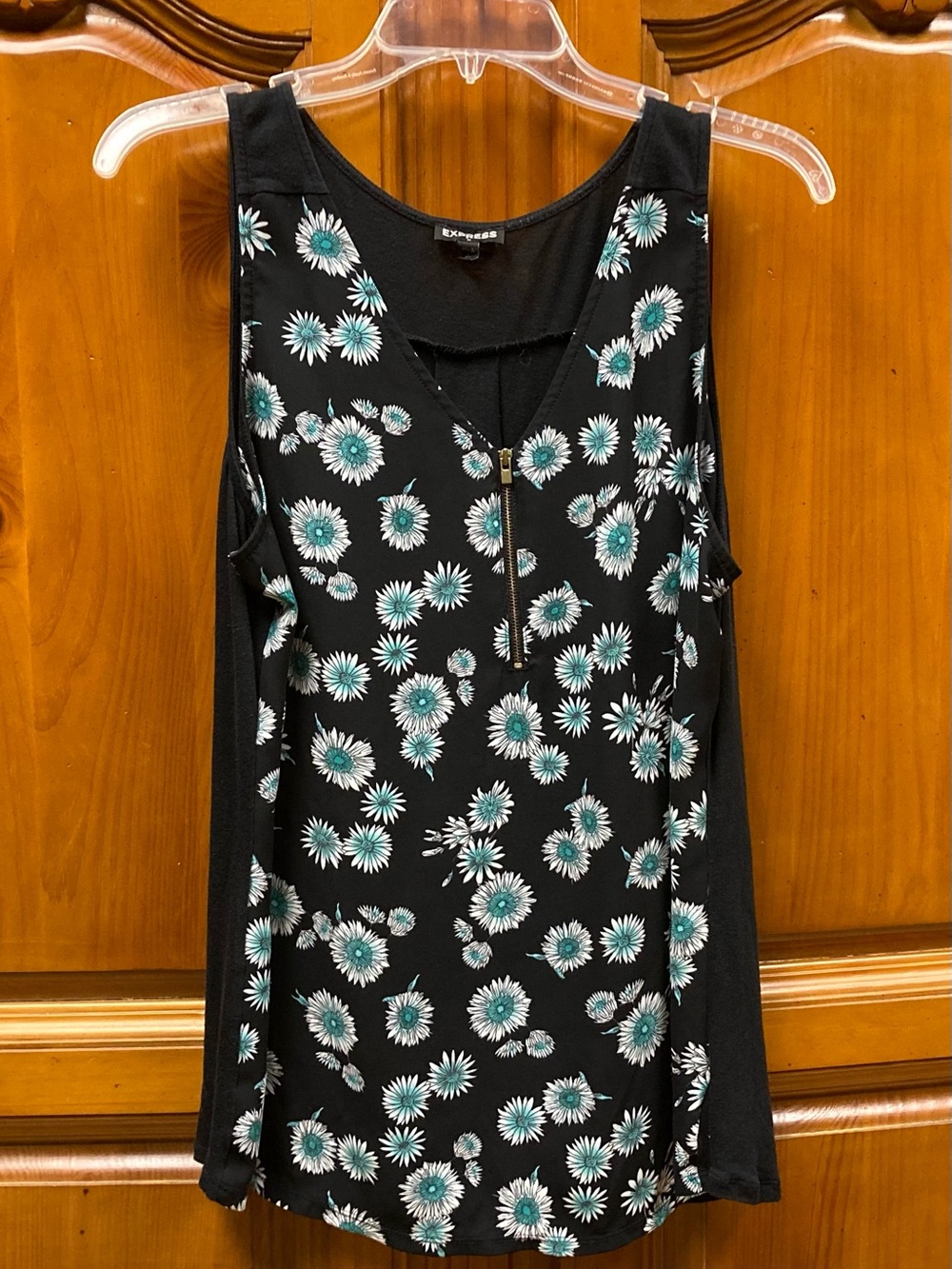 Express Black Floral Zip Front Tank Blouse Teal White Sleeveless Size L